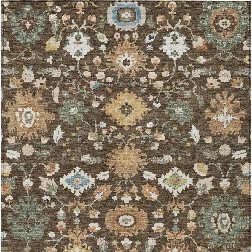 Chocolate And Copper Floral Medallion Washable Indoor Outdoor Area Rug Photo 2