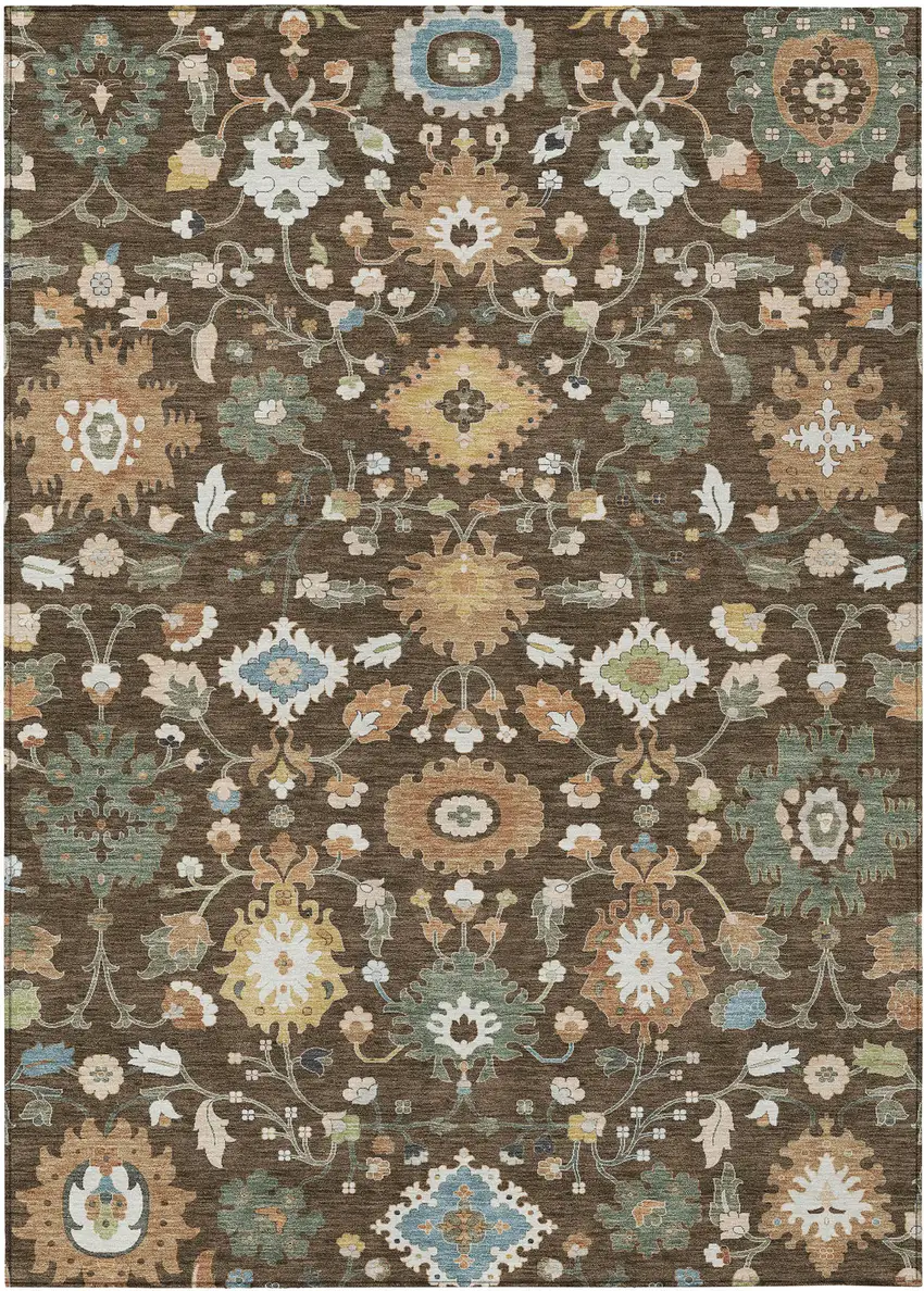 Chocolate And Copper Floral Medallion Washable Indoor Outdoor Area Rug Photo 1