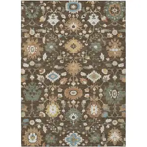 Photo of Chocolate And Copper Floral Medallion Washable Indoor Outdoor Area Rug