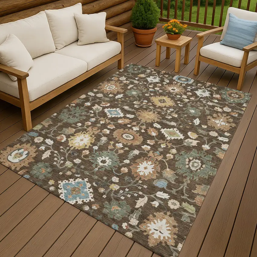Chocolate And Copper Floral Medallion Washable Indoor Outdoor Area Rug Photo 4