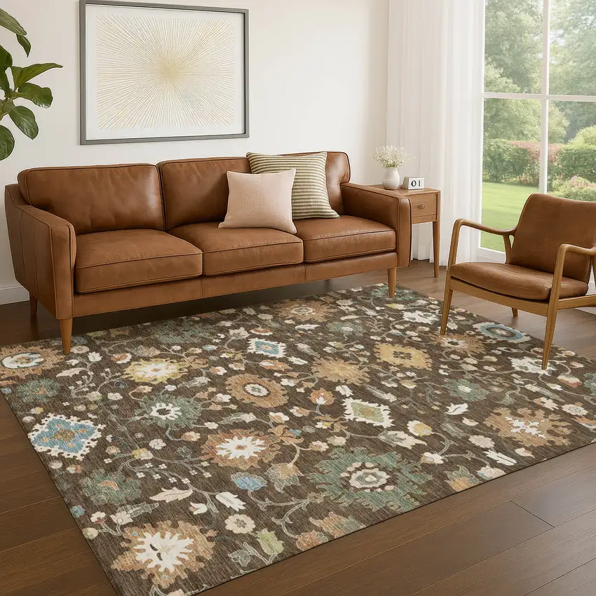 Chocolate And Copper Floral Medallion Washable Indoor Outdoor Area Rug Photo 5