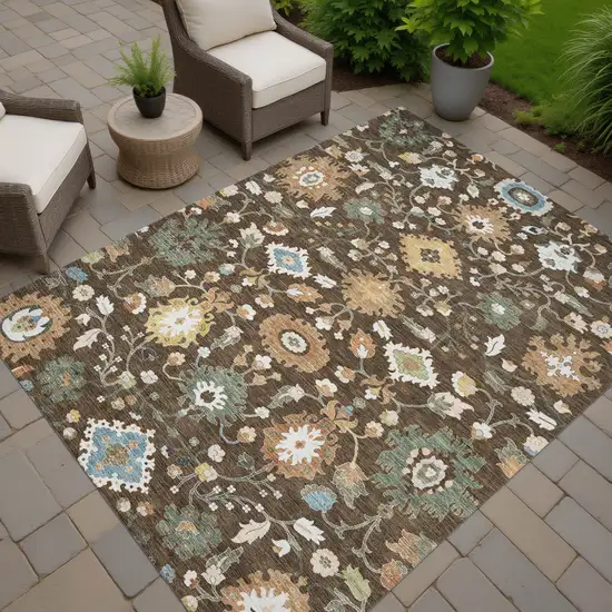 Chocolate And Copper Floral Medallion Washable Indoor Outdoor Area Rug Photo 7