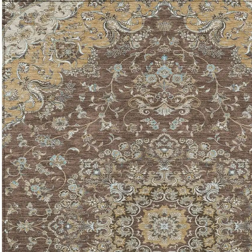 Chocolate And Copper Floral Medallion Washable Indoor Outdoor Area Rug Photo 3
