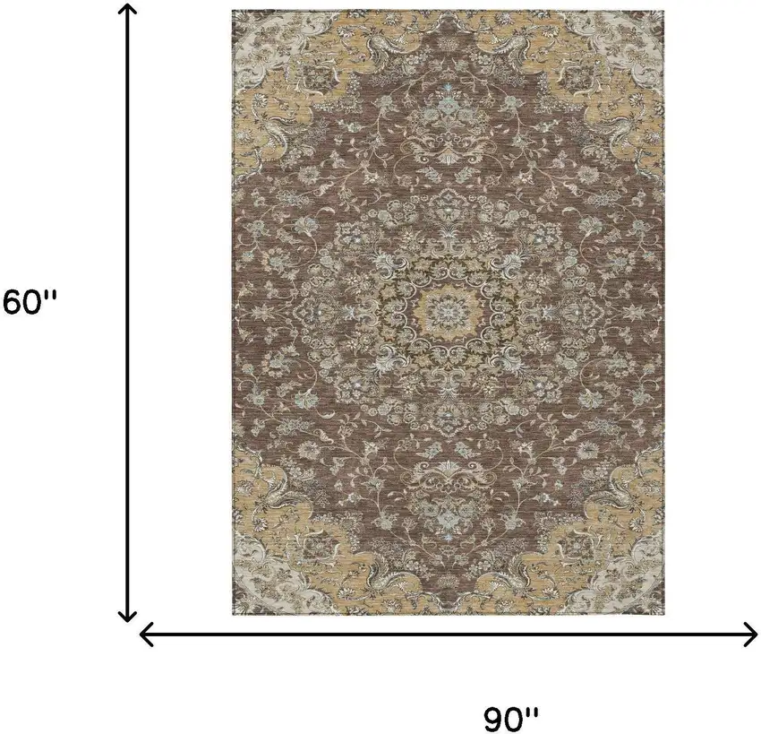 Chocolate And Copper Floral Medallion Washable Indoor Outdoor Area Rug Photo 7