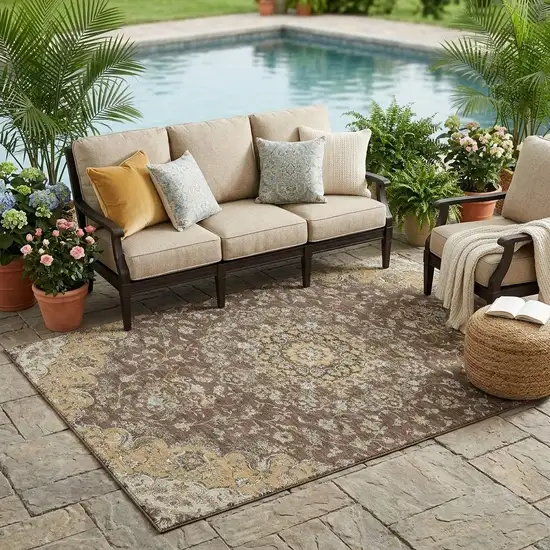 Chocolate And Copper Floral Medallion Washable Indoor Outdoor Area Rug Photo 1