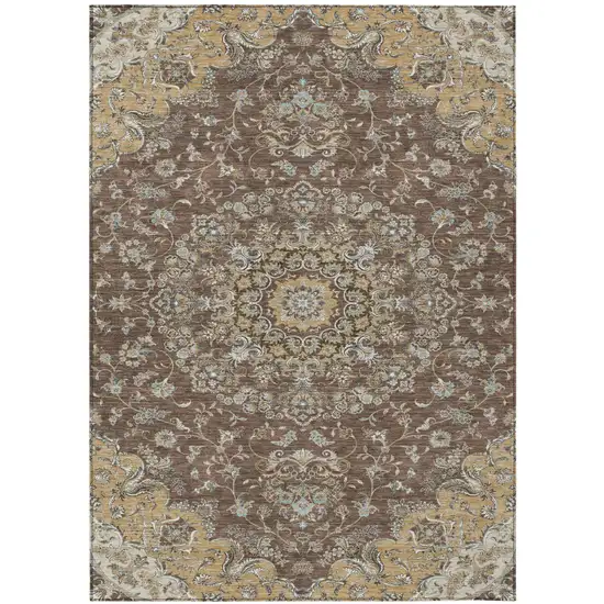Chocolate And Copper Floral Medallion Washable Indoor Outdoor Area Rug Photo 2