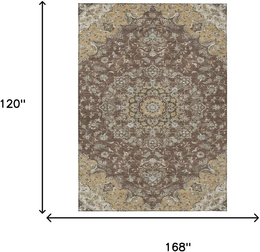 Chocolate And Copper Floral Medallion Washable Indoor Outdoor Area Rug Photo 7