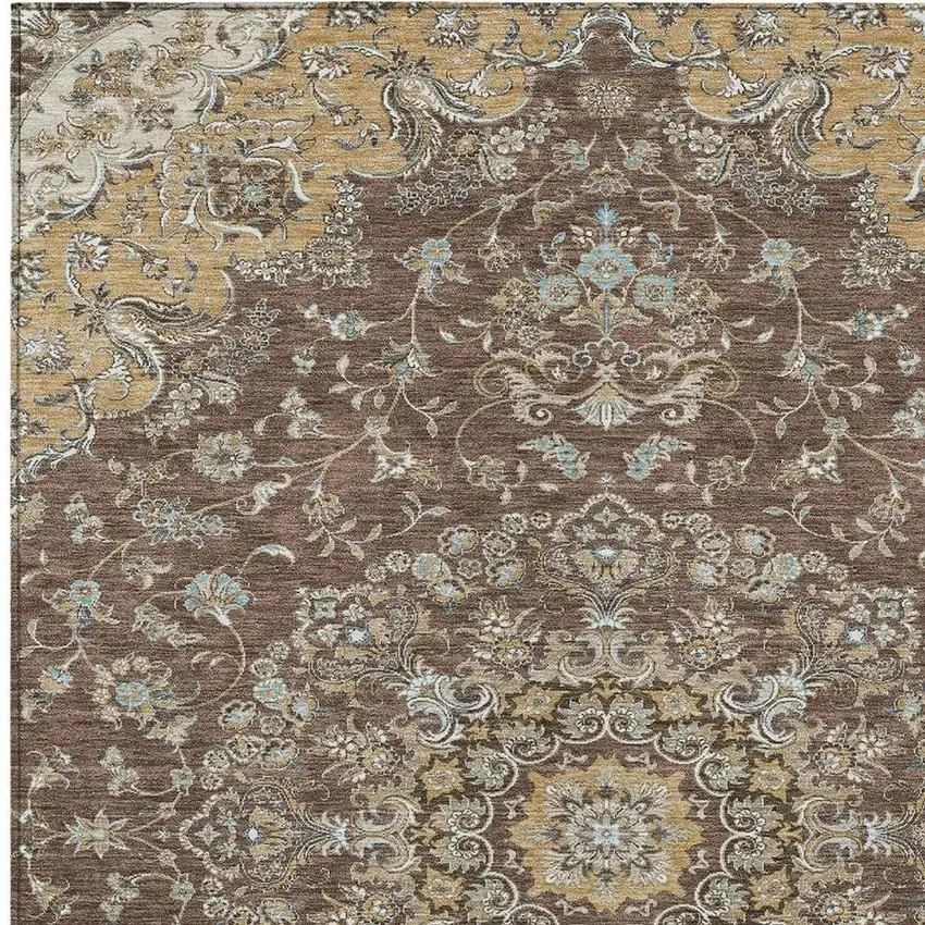 Chocolate And Copper Floral Medallion Washable Indoor Outdoor Area Rug Photo 3