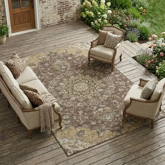 Chocolate And Copper Floral Medallion Washable Indoor Outdoor Area Rug Photo 1