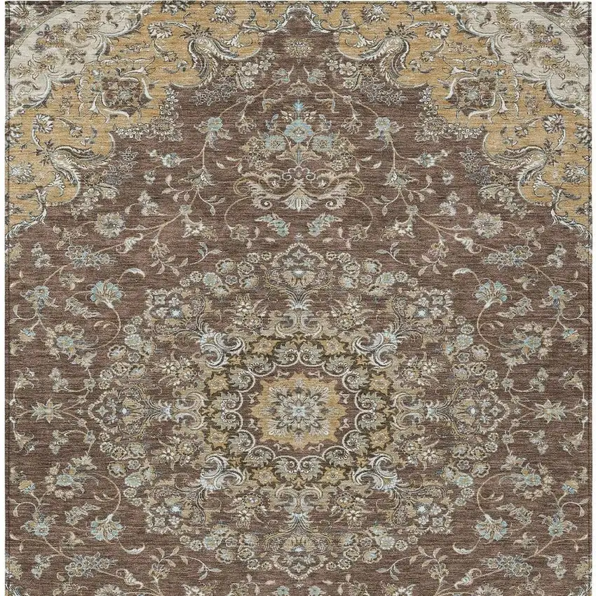 Chocolate And Copper Floral Medallion Washable Indoor Outdoor Area Rug Photo 4