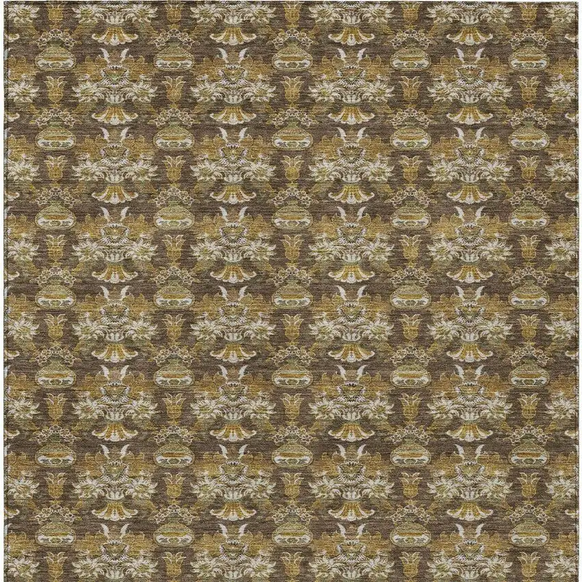 Chocolate And Copper Floral Washable Indoor Outdoor Area Rug Photo 4