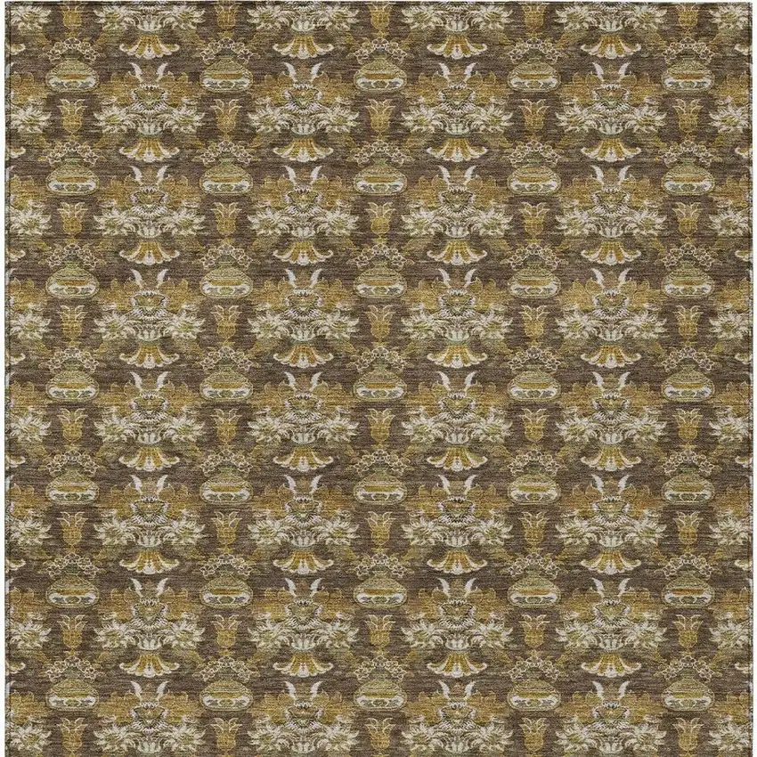 Chocolate And Copper Floral Washable Indoor Outdoor Area Rug Photo 6