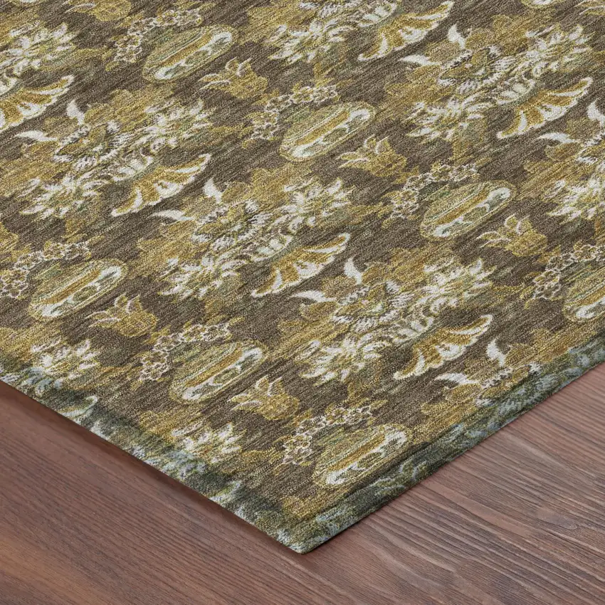 Chocolate And Copper Floral Washable Indoor Outdoor Area Rug Photo 7