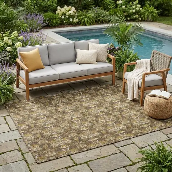 Chocolate And Copper Floral Washable Indoor Outdoor Area Rug Photo 1