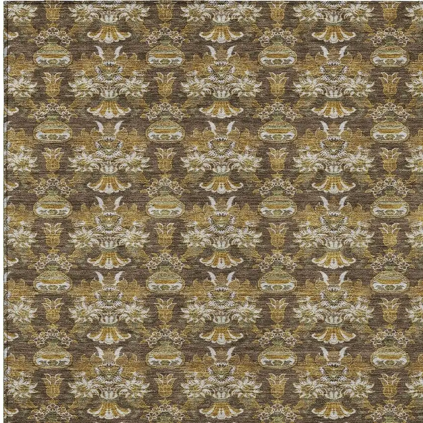 Chocolate And Copper Floral Washable Indoor Outdoor Area Rug Photo 5
