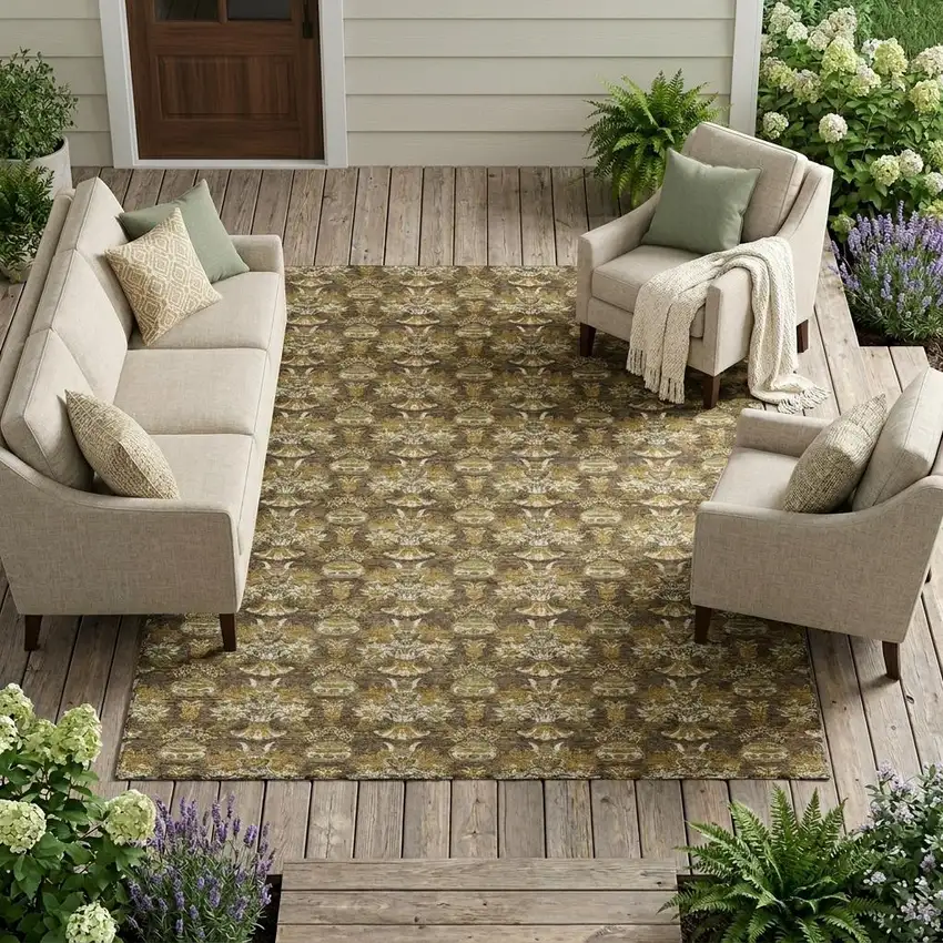 Chocolate And Copper Floral Washable Indoor Outdoor Area Rug Photo 1