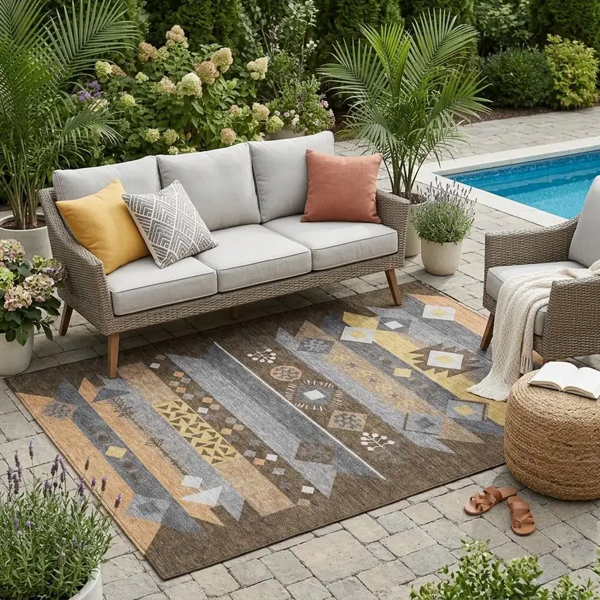 Chocolate And Copper Geometric Washable Indoor Outdoor Area Rug Photo 1