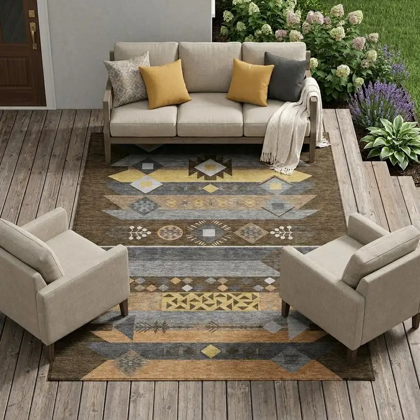 Chocolate And Copper Geometric Washable Indoor Outdoor Area Rug Photo 1