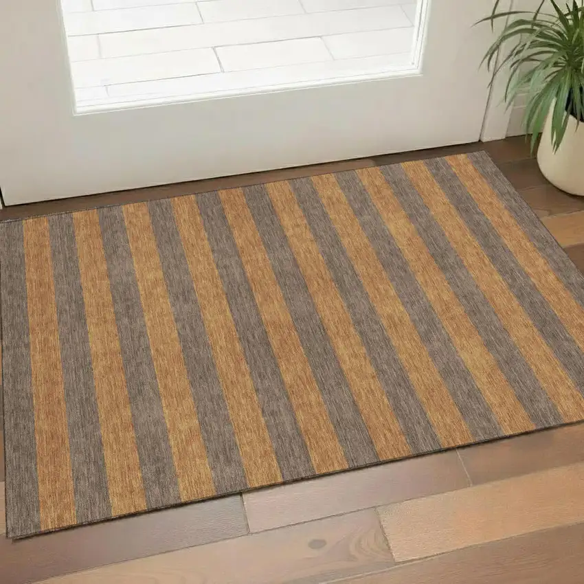 Chocolate And Copper Striped Washable Area Rug With UV Protection Photo 1
