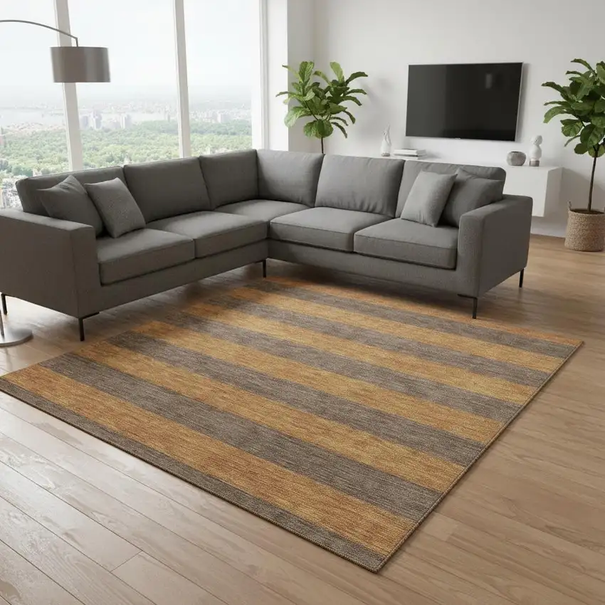 Chocolate And Copper Striped Washable Area Rug With UV Protection Photo 2