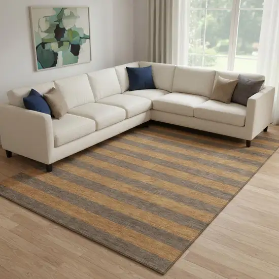 Chocolate And Copper Striped Washable Area Rug With UV Protection Photo 1