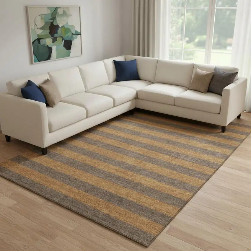 Chocolate And Copper Striped Washable Area Rug With UV Protection Photo 1