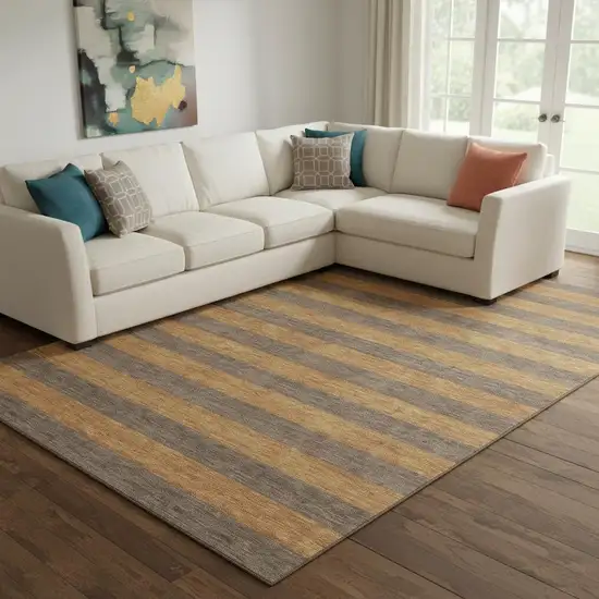 Chocolate And Copper Striped Washable Area Rug With UV Protection Photo 1