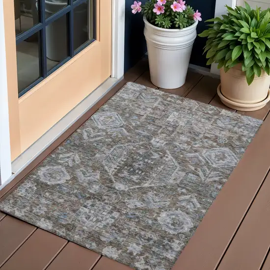 Chocolate And Denim Blue Medallion Washable Indoor Outdoor Area Rug Photo 1