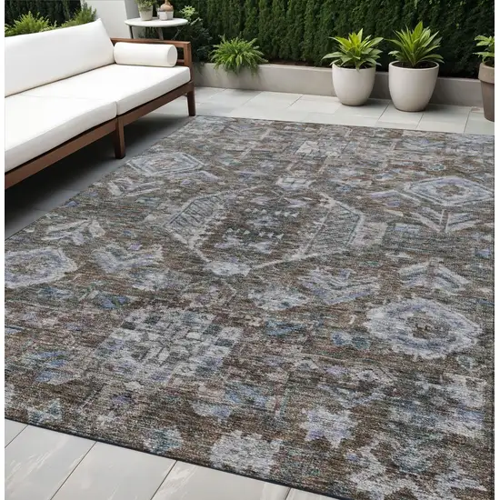 Chocolate And Denim Blue Medallion Washable Indoor Outdoor Area Rug Photo 1