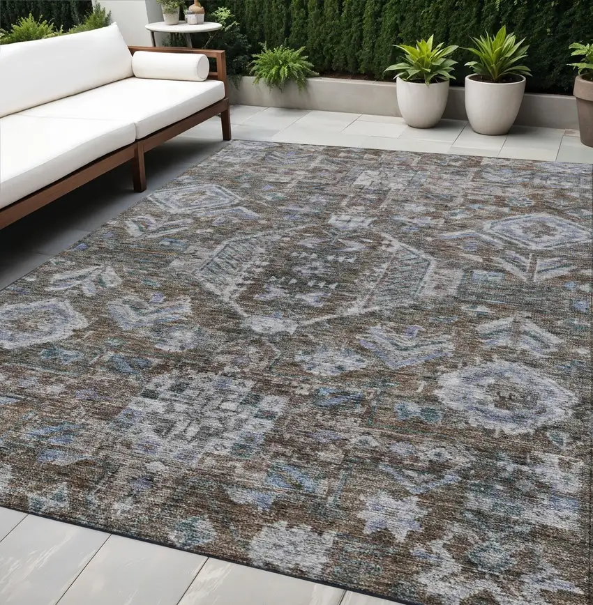 Chocolate And Denim Blue Medallion Washable Indoor Outdoor Area Rug Photo 1
