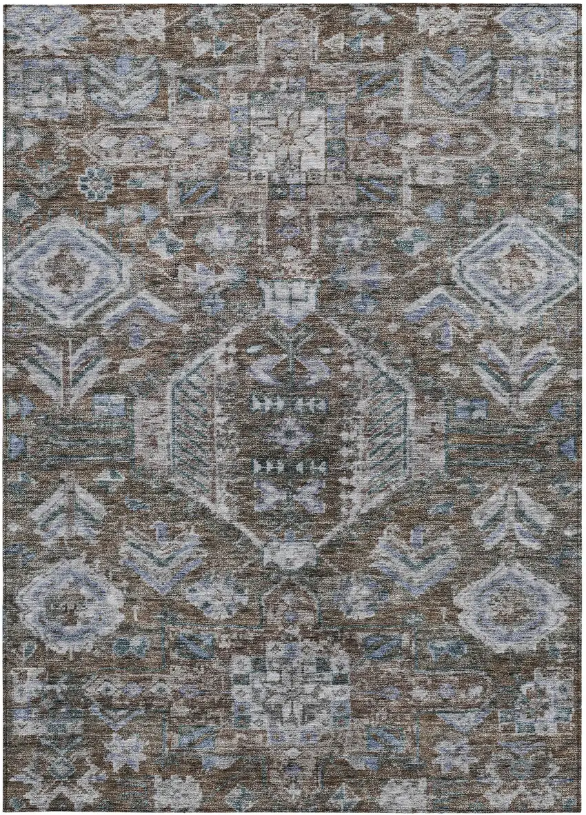 Chocolate And Denim Blue Medallion Washable Indoor Outdoor Area Rug Photo 3