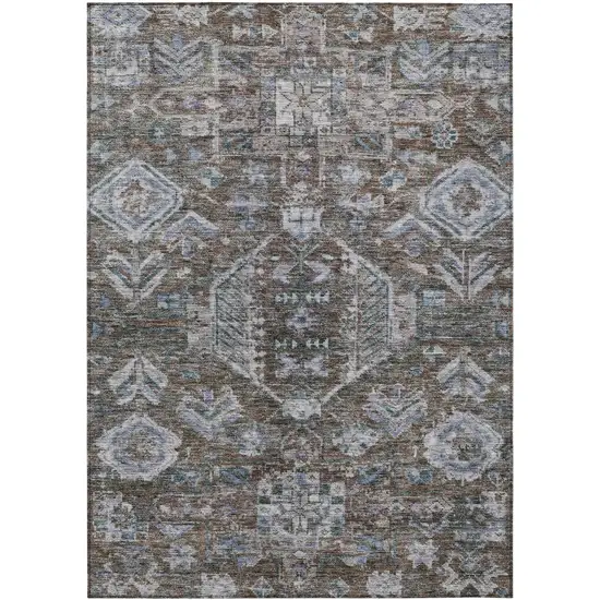 Chocolate And Denim Blue Medallion Washable Indoor Outdoor Area Rug Photo 1