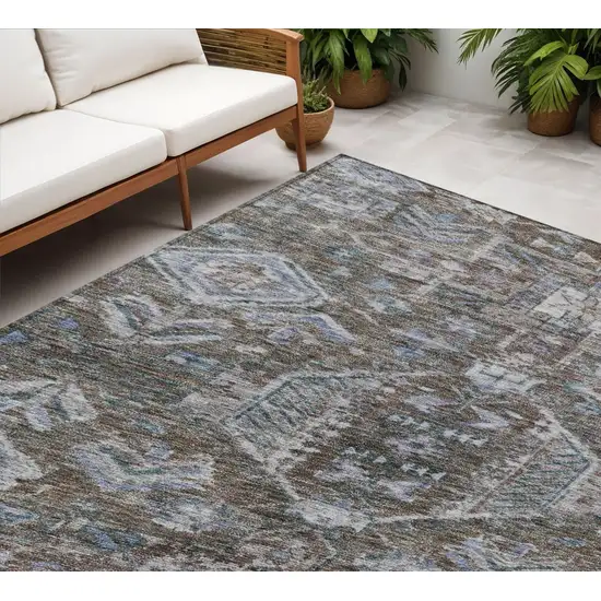 Chocolate And Denim Blue Medallion Washable Indoor Outdoor Area Rug Photo 1