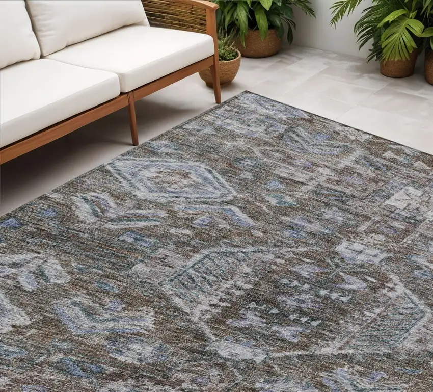 Chocolate And Denim Blue Medallion Washable Indoor Outdoor Area Rug Photo 1