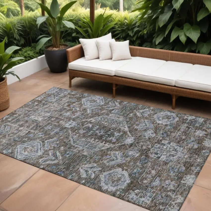 Chocolate And Denim Blue Medallion Washable Indoor Outdoor Area Rug Photo 1