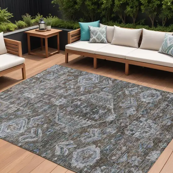 Chocolate And Denim Blue Medallion Washable Indoor Outdoor Area Rug Photo 1