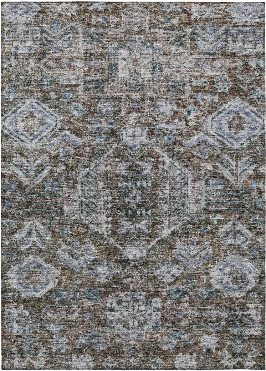 Chocolate And Denim Blue Medallion Washable Indoor Outdoor Area Rug Photo 1