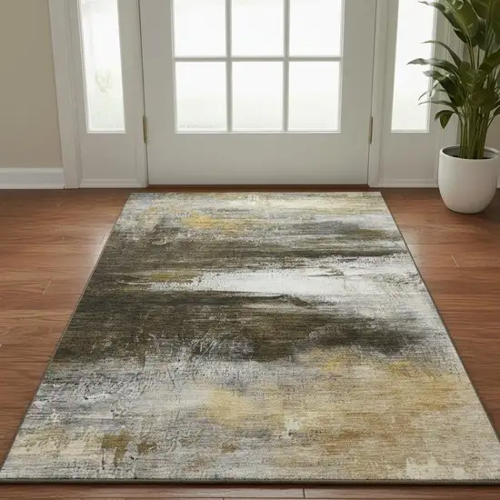 Chocolate And Gold Abstract Washable Area Rug With UV Protection Photo 2