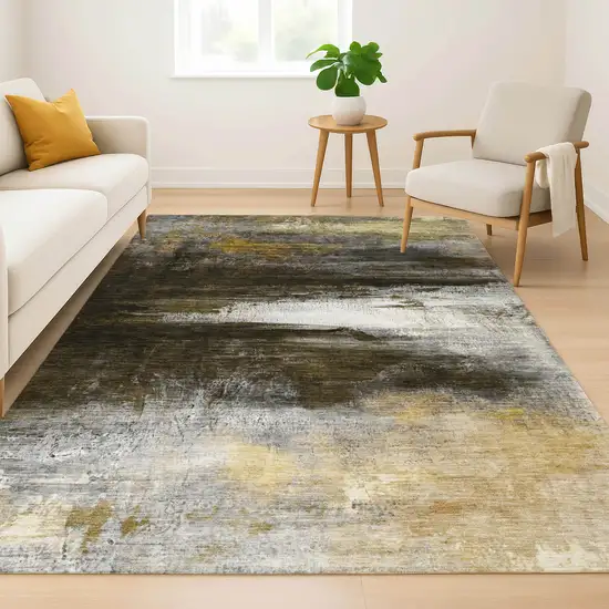 Chocolate And Gold Abstract Washable Area Rug With UV Protection Photo 6