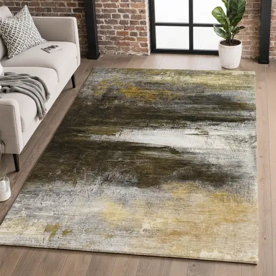 Chocolate And Gold Abstract Washable Area Rug With UV Protection Photo 4