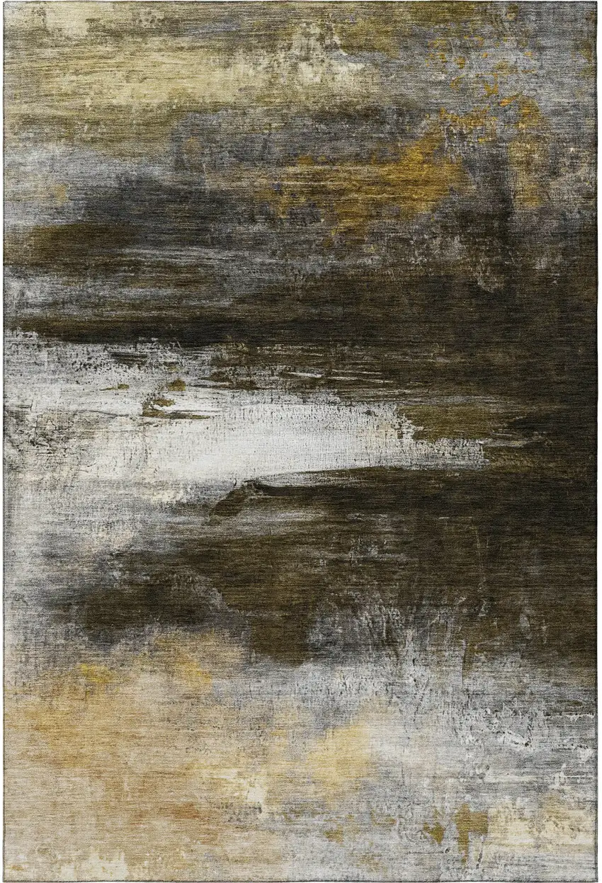 Chocolate And Gold Abstract Washable Area Rug With UV Protection Photo 3