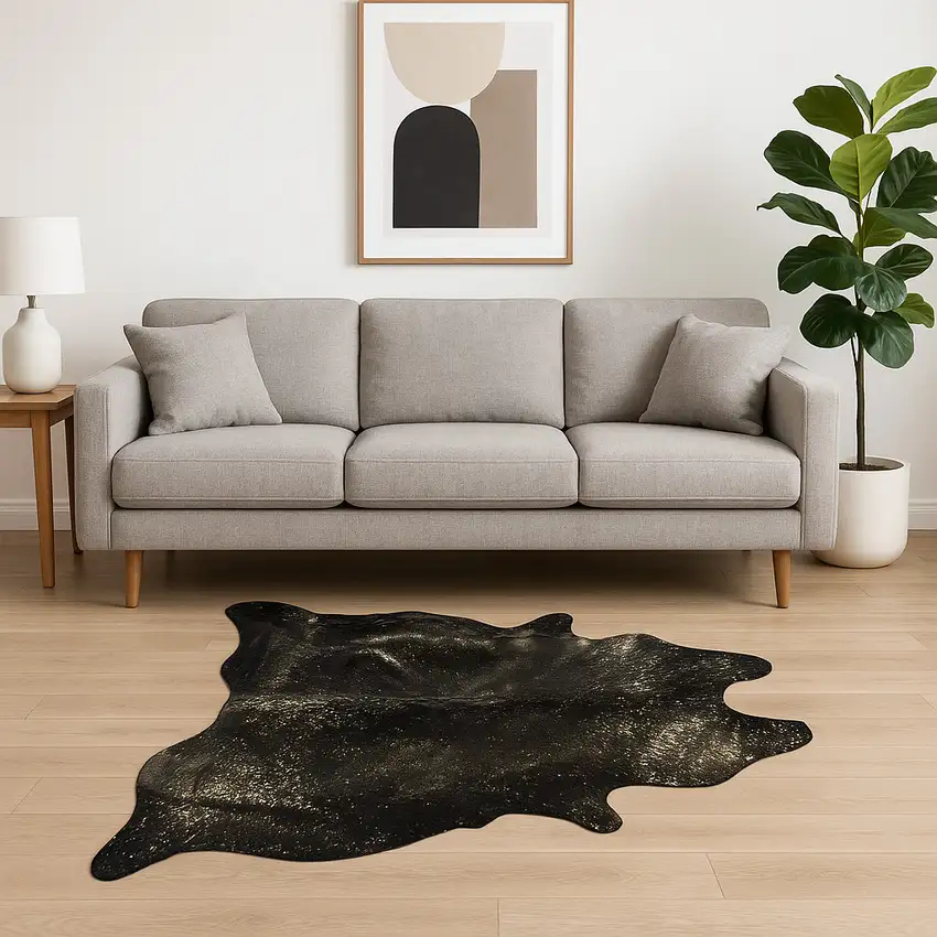 Black And Gold Cowhide Cowhide Print Area Rug Photo 1