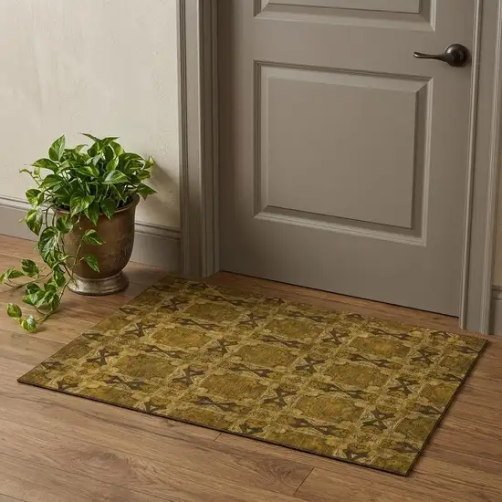 Chocolate And Gold Floral Medallion Washable Area Rug With UV Protection Photo 1