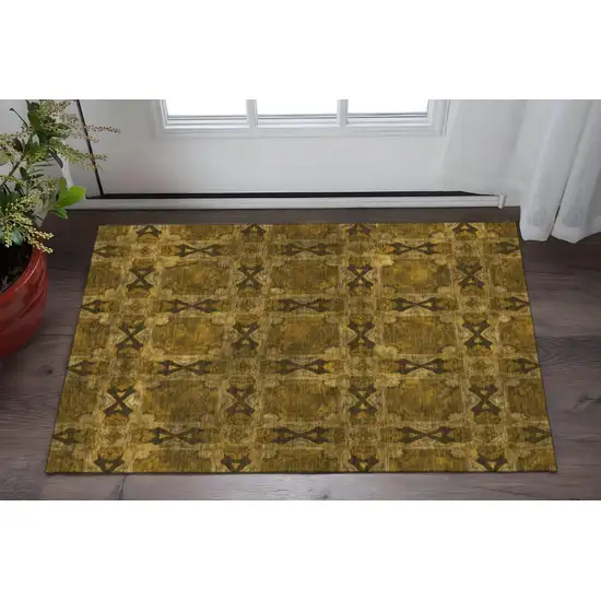 Chocolate And Gold Floral Medallion Washable Area Rug With UV Protection Photo 2