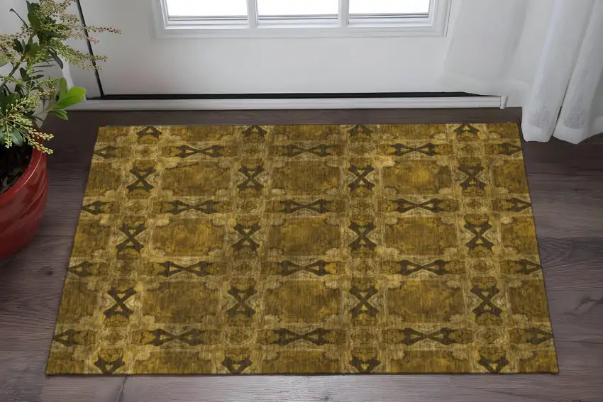 Chocolate And Gold Floral Medallion Washable Area Rug With UV Protection Photo 2