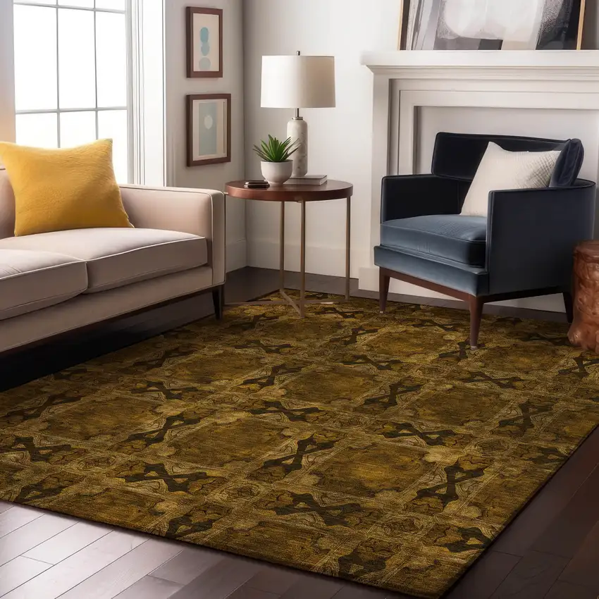 Chocolate And Gold Floral Medallion Washable Area Rug With UV Protection Photo 5