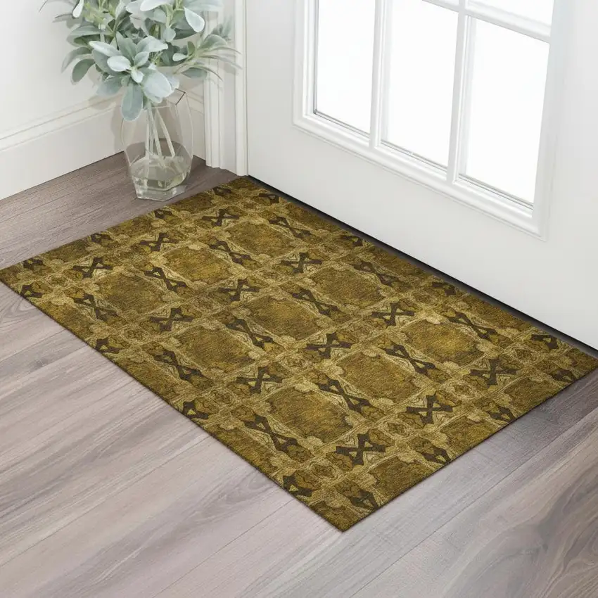 Chocolate And Gold Floral Medallion Washable Area Rug With UV Protection Photo 1