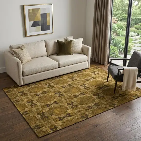 Chocolate And Gold Floral Medallion Washable Area Rug With UV Protection Photo 1