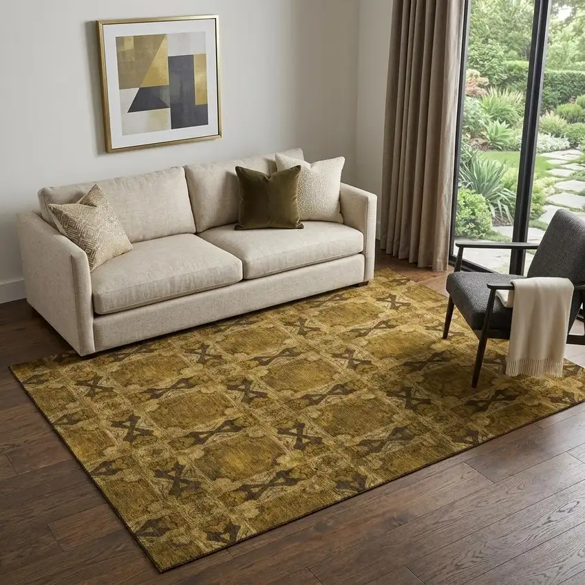 Chocolate And Gold Floral Medallion Washable Area Rug With UV Protection Photo 1