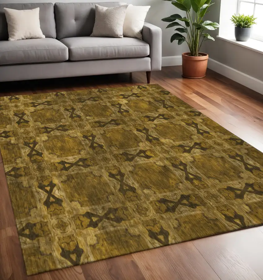 Chocolate And Gold Floral Medallion Washable Area Rug With UV Protection Photo 2